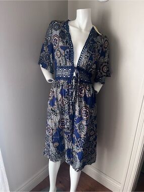 Bohemian Navy Paisley Midi Dress with Tie Waist